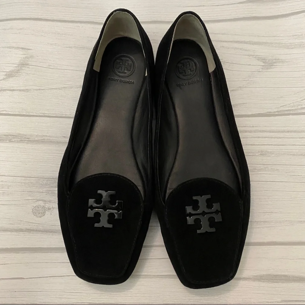 TORY BURCH Black Suede Emblem Loafers Flats